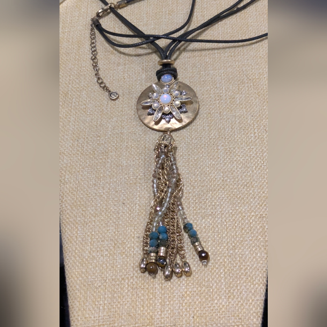 Boho Antiqued Gold Faux Opal Starburst Medallion Fringe Tassel Necklace